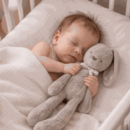 bébé endormi avec son lapin doudou gris