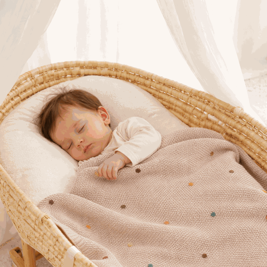 bebe endormie avec sa couverture bebe tricot beige