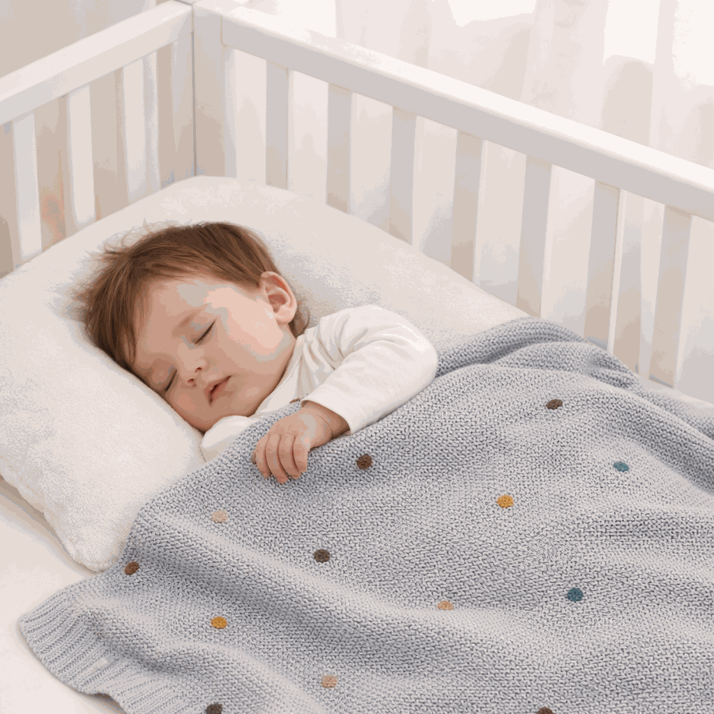 bebe endormie avec sa couverture bebe tricot verte