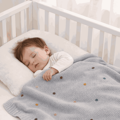 bebe endormie avec sa couverture bebe tricot verte