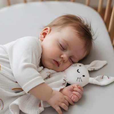 bebe endormie dans ses bras son doudou lapin 