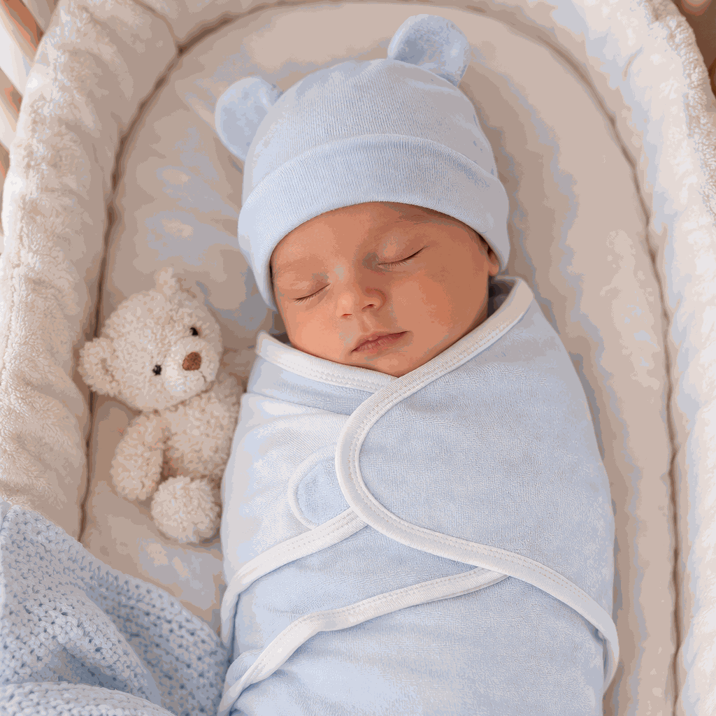 bébé endormie dans son emmaillotage couverture bleu pour bien dormir comme dans le ventre de maman
