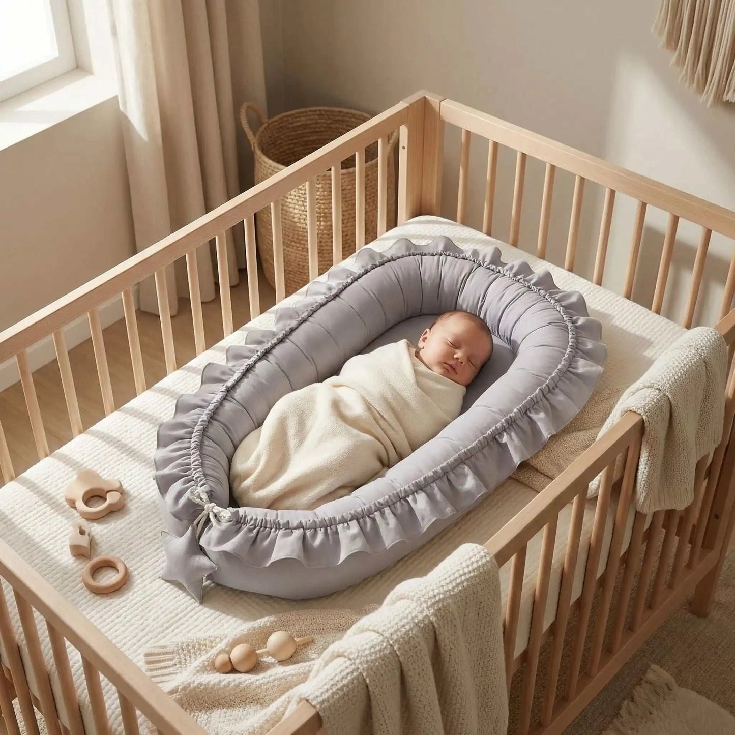 bébé endormie dans son lit dans son-cocon bébé gris