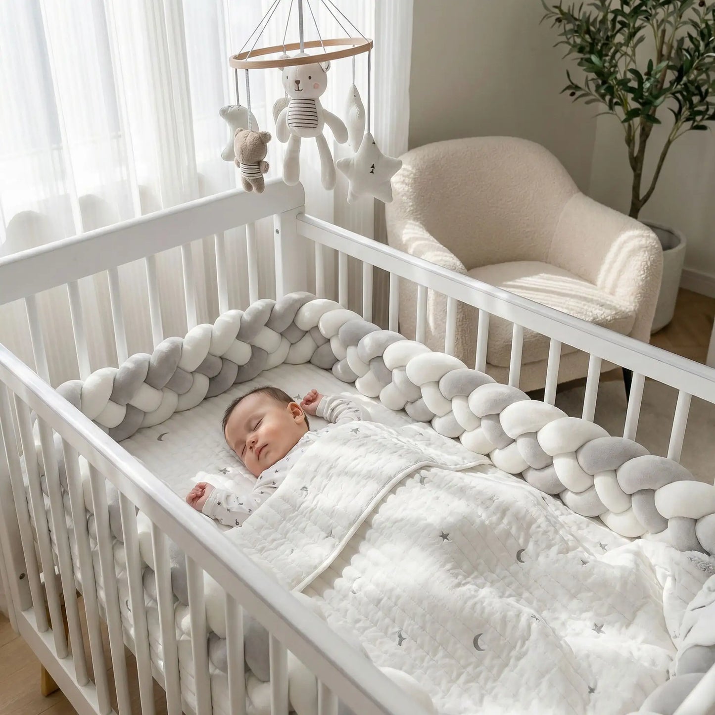 bébé endormie entourer de tresse de lit protection decoration