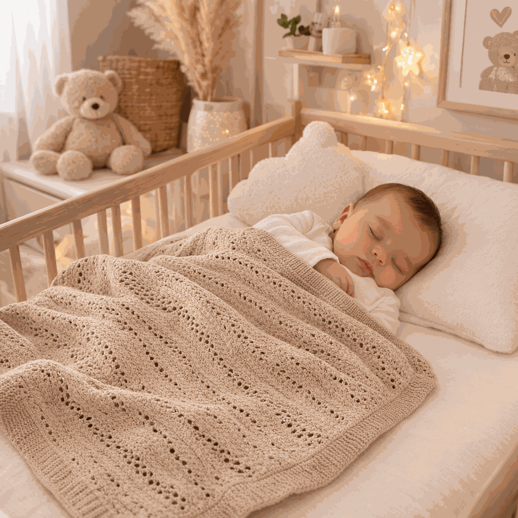 bébé enlacer avec sa couverture bebe tricot beige