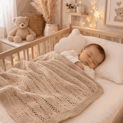 bébé enlacer avec sa couverture bebe tricot beige