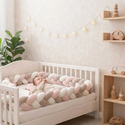 bébé entourer de sa Tresse de Lit gris rose blanche