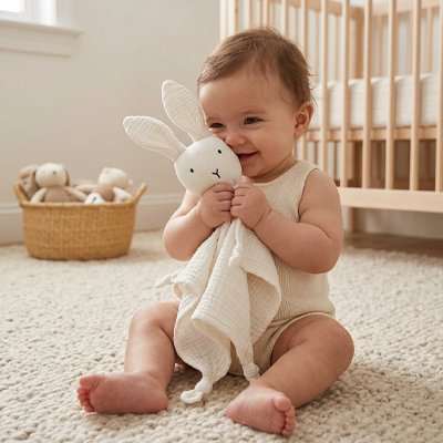 bébé fait ses dent sur son doudou lapin blanc