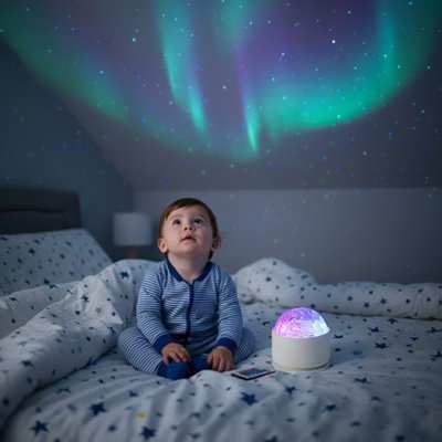 bebe fixant les couleur projeter de sa  veilleuse projection 