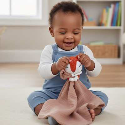 bebe jouant avec son doudou renard 