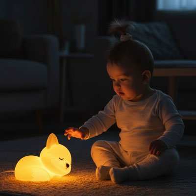 bebe joue avec sa veilleuse renard 