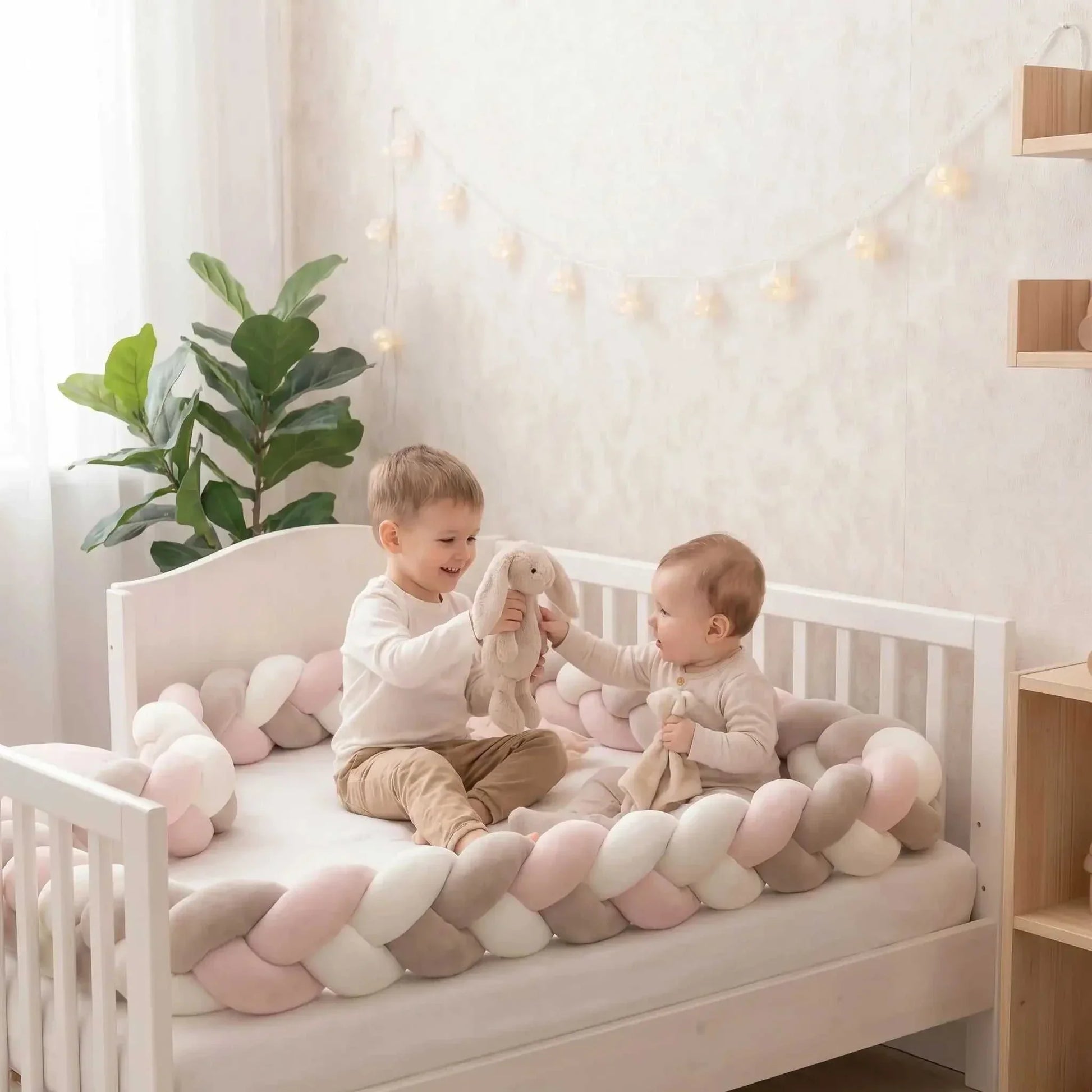 bébé joue avec son frère entouré de sa tresse de lit blanche rose gris