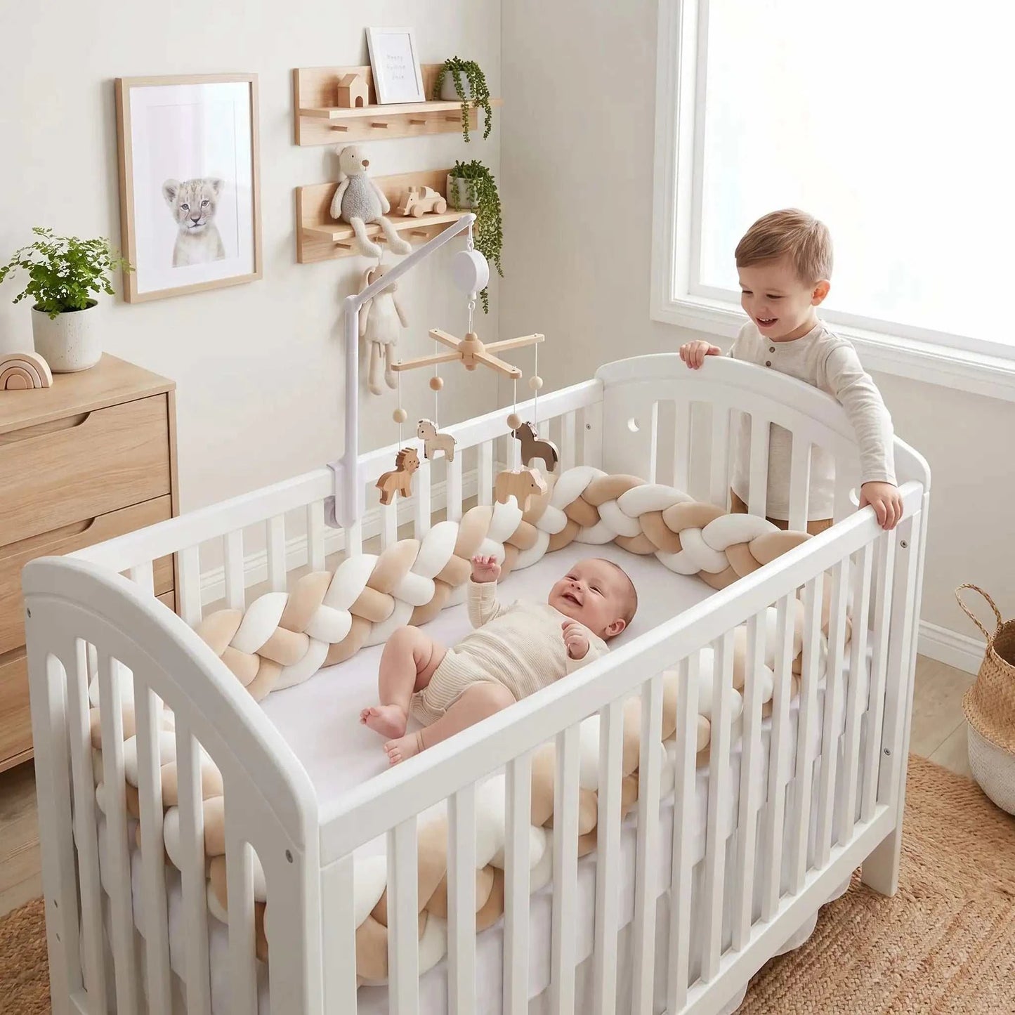 bébé joue avec son mobile bebe son grand frère a cote de son lit entourer tresse de lit bebe cocon douillet beige banc