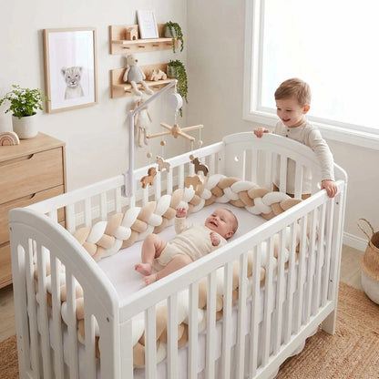 bébé joue avec son mobile bebe son grand frère a cote de son lit entourer tresse de lit bebe cocon douillet beige banc