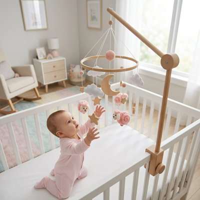 Bébé joue avec mobile pour bébé sensoriel apaisant au-dessus du lit
