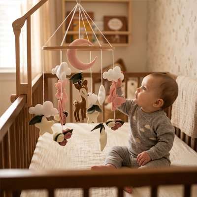 Mobile bébé fille lune rose suspendu au-dessus du lit pour apaiser bébé