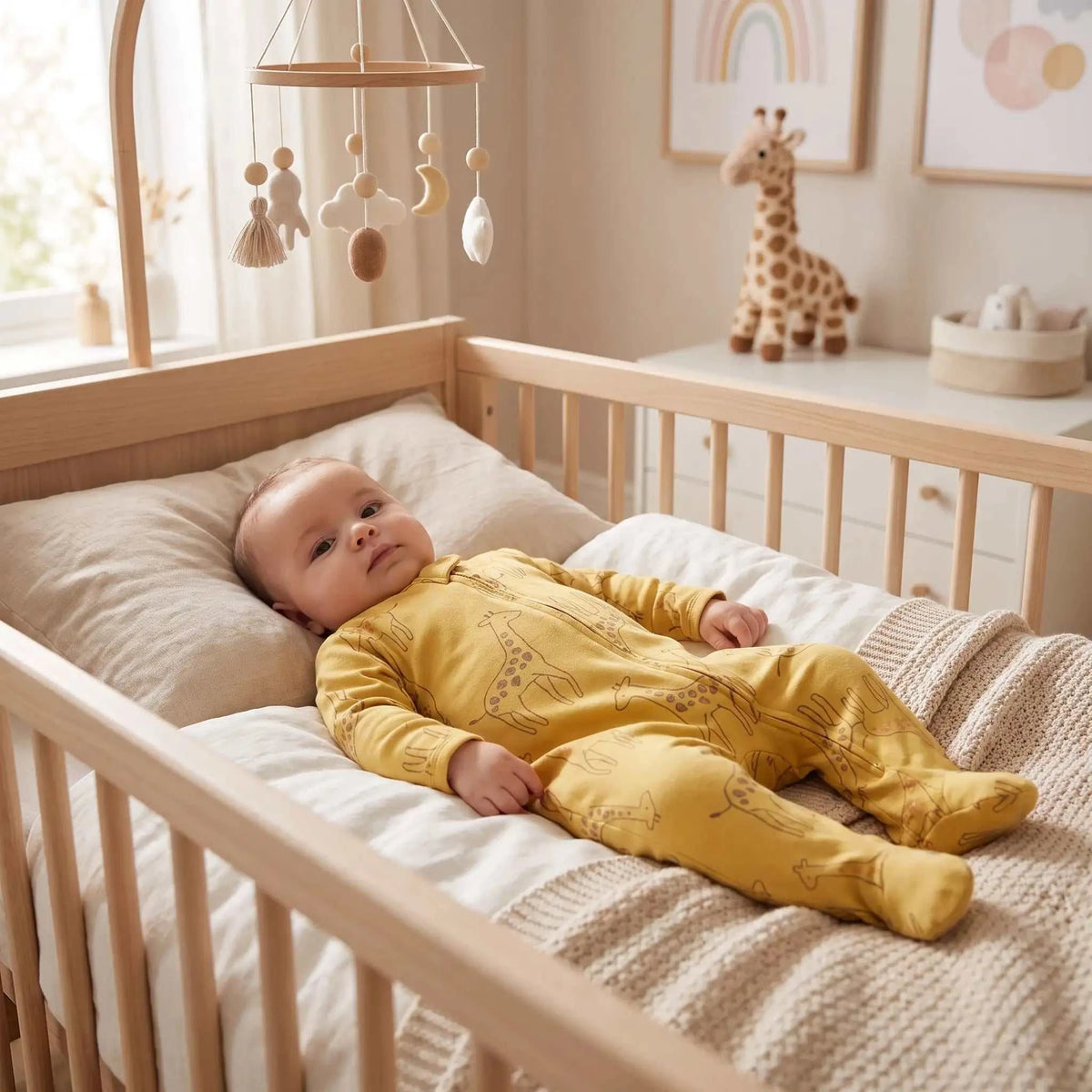 bébé porte son pyjama bébé moutarde pour le dodo