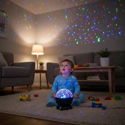 bebe regardant le plafond avec des forme de son projecteur enfant 