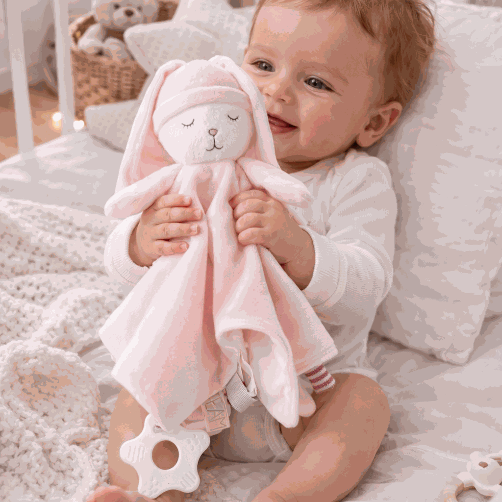 bébé tenant dans ses bras son doudou bebe rose