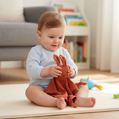 bebe tiens dans ses mains Doudou lapin marron
