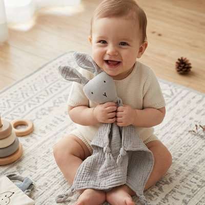 bébé très content en compagnie de son doudou lapin 