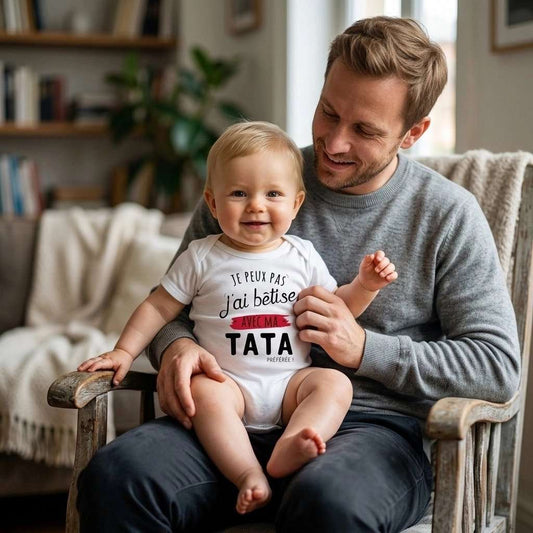 Body bébé garçon blanc en coton, imprimé noir et rouge avec un message humoristique dédié à sa tata préférée.