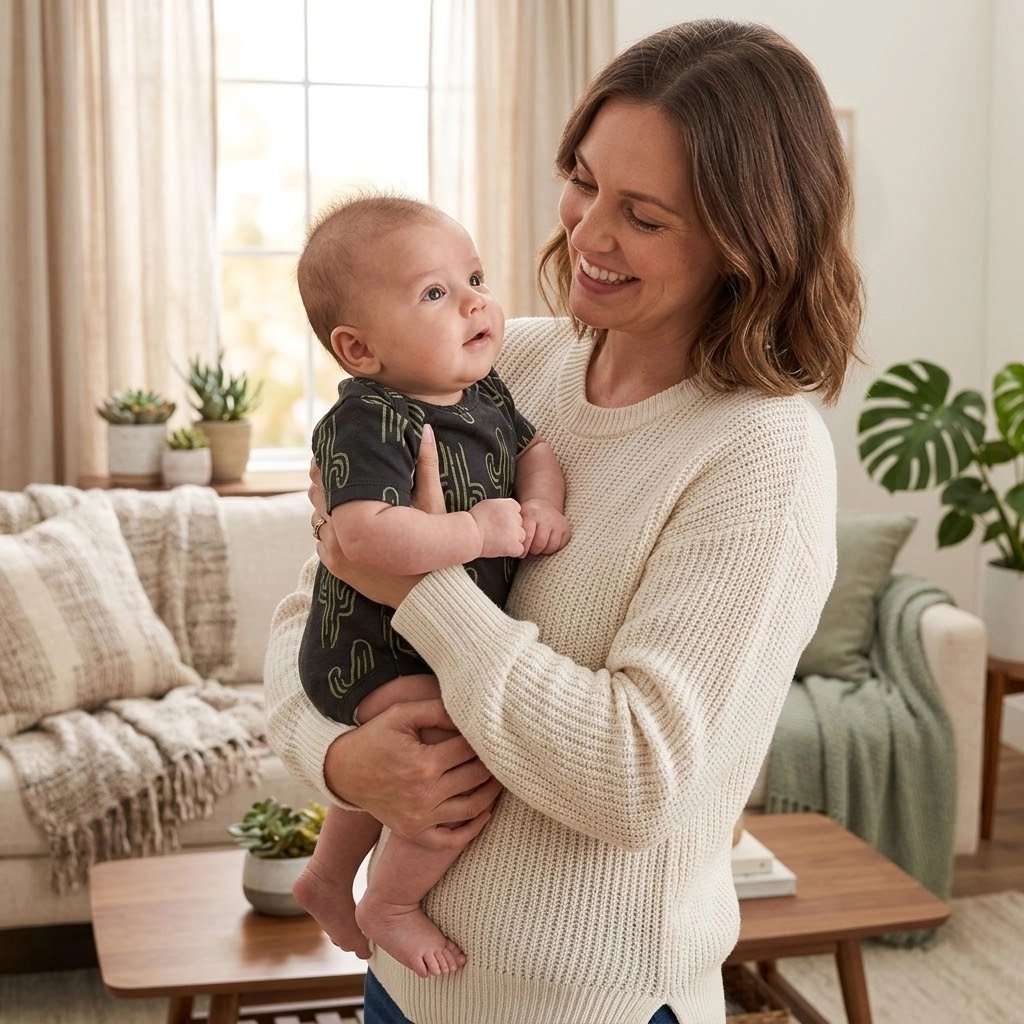 Body bébé garçon noir en coton à manches courtes, orné de motifs cactus beige et fermé par des pressions à l’entrejambe.