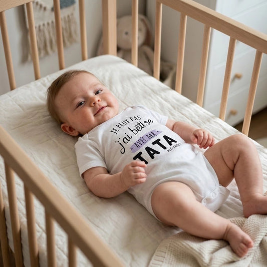 Body bébé garçon blanc en coton, à manches courtes, avec inscription humoristique « Je peux pas, j’ai bêtise avec ma tata préférée »violet et noir.