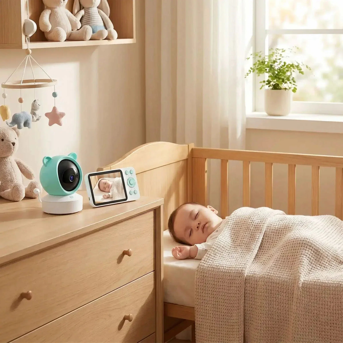 Caméra bébé bleu clair en forme d'ours avec écran tactile affichant un bébé endormi dans une chambre d'enfant
