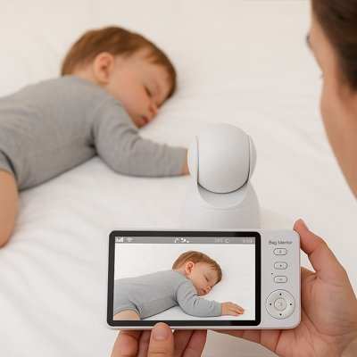 Caméra bébé avec vision nocturne HD installée dans une chambre d'enfant pour surveillance sécurisée