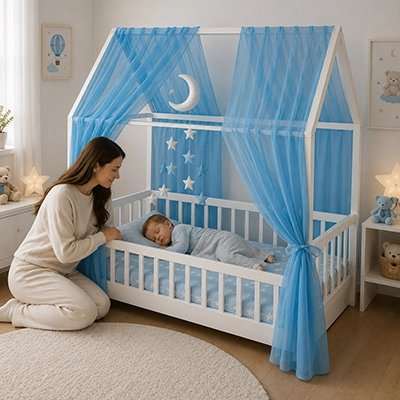 Ciel de lit enfant en voilage bleu léger et transparent sur lit blanc à barreaux, avec décor étoiles et lune