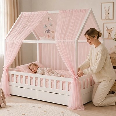Ciel de lit enfant en forme de maisonnette textile suspendue sans perçage pour créer un refuge cocooning sécurisé et apaisant.