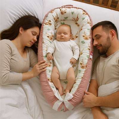 cododo avec bébé dans son reducteur de lit saumon