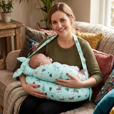 Coussin allaitement ergonomique blanc sur canapé pour soutien bébé et confort maman