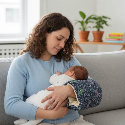 Coussin d'allaitement imprimé bleu avec motifs d'étoiles, tissu doux et molletonné soutenant un bébé