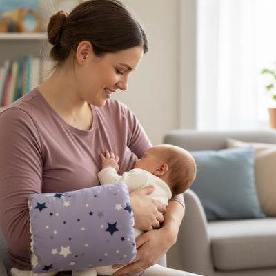 Coussin d'allaitement moelleux violet avec motifs d'étoiles bleues et blanches tenu par une maman allaitant son bébé