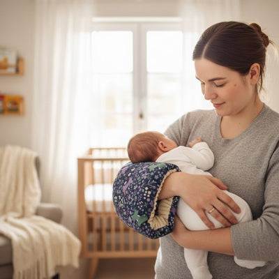 Coussin d'allaitement en tissu imprimé bleuté avec motif floral, soutenant un bébé contre sa mère dans une pièce lumineuse
