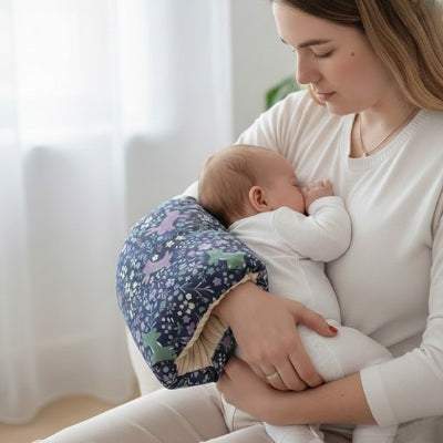 Coussin d'allaitement en tissu imprimé floral bleu et violet avec bébé allaité, support ergonomique confortable