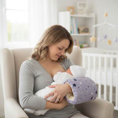 Coussin d'allaitement violet en tissu imprimé d'étoiles blanches utilisé par une jeune mère allaitant son bébé en blanc