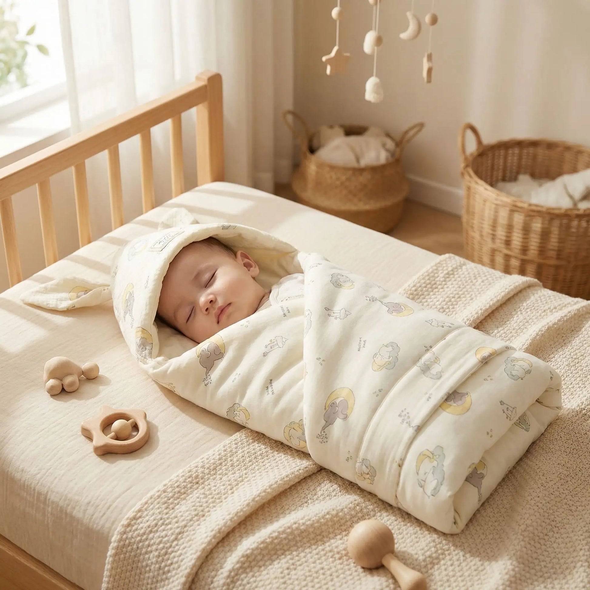 bébé bien enveloppe dans sa couverture demmaillotage