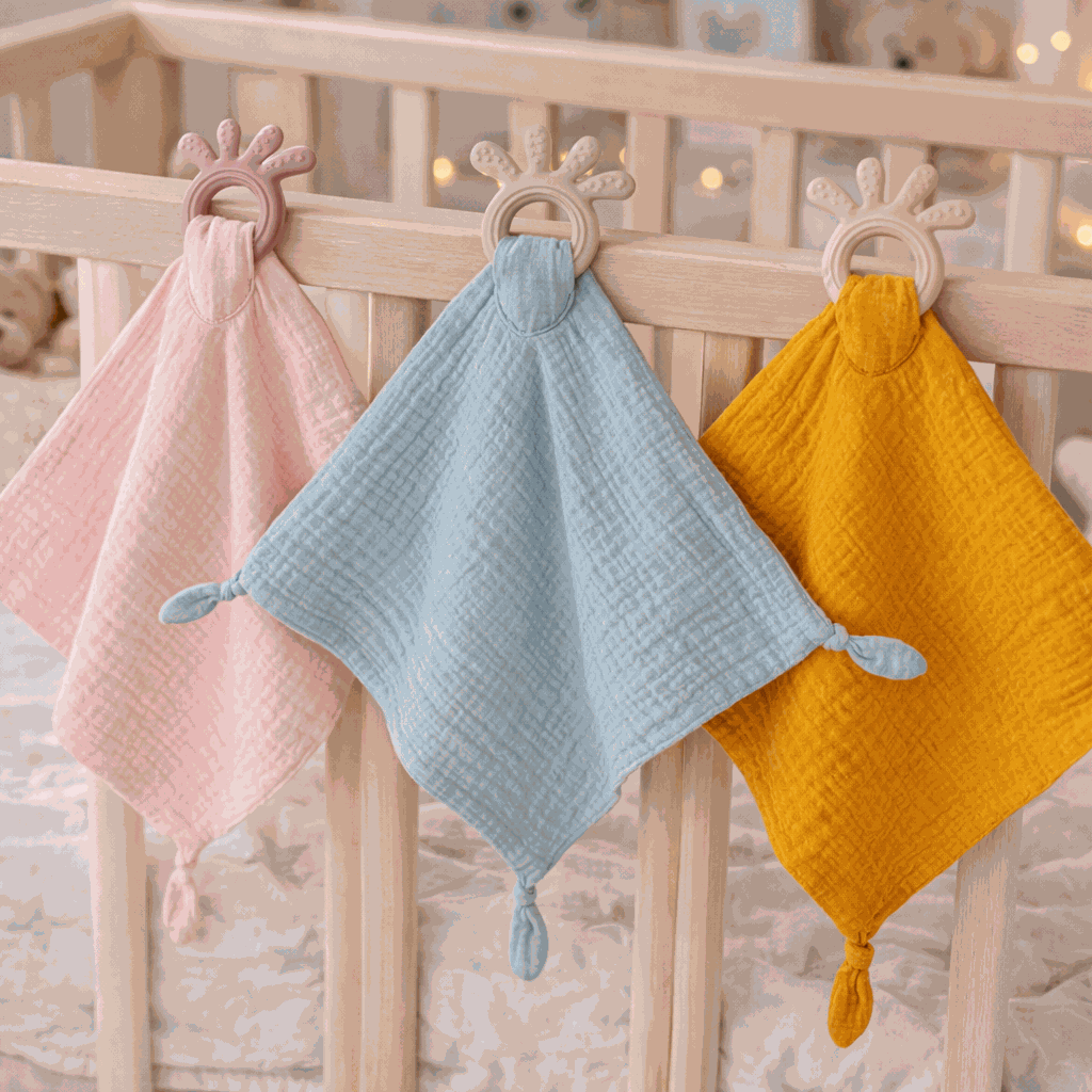doudou bébé accrocher dans un lit rose bleu moutarde
