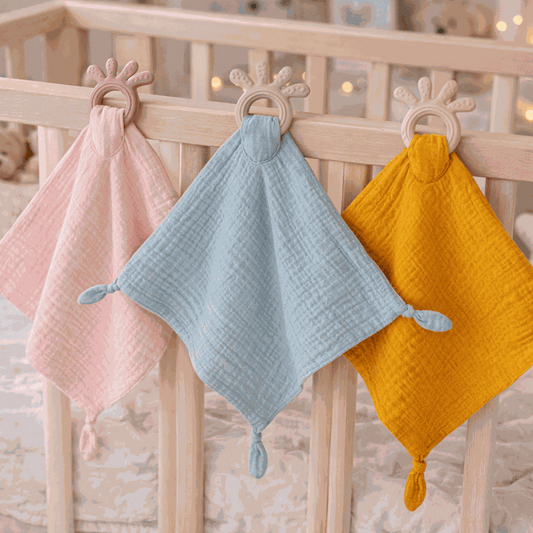 doudou bébé accrocher dans un lit rose bleu moutarde