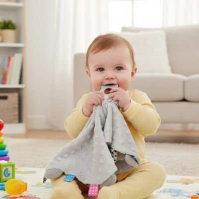 Doudou bebe en forme d elephant dans les main de bebe