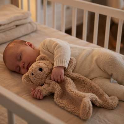 Doudou beige dans les mains de bebe