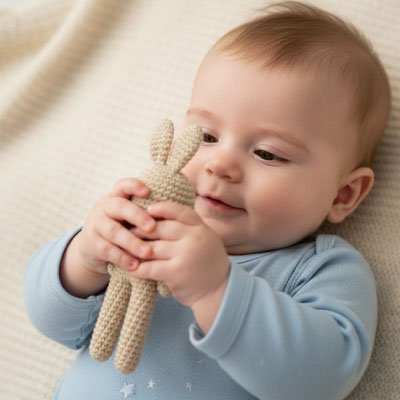 Doudou lapin beige dans les main de bébé couleur beige