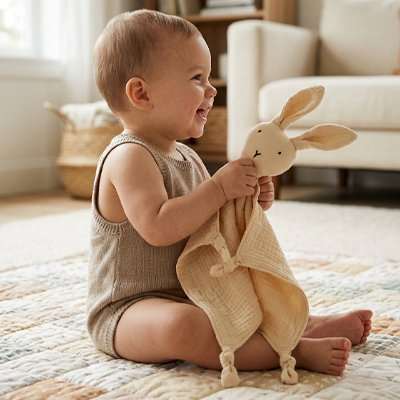 Doudou lapin beige dans les main de bébé qui joue avec ses oreilles