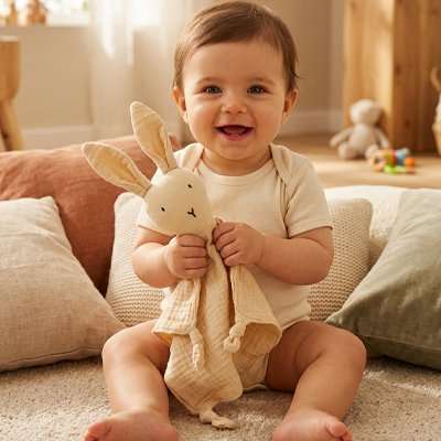 Doudou lapin beige dans les main de bébé