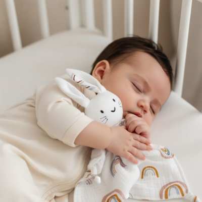 Doudou lapin dans les bras de bebe endormie