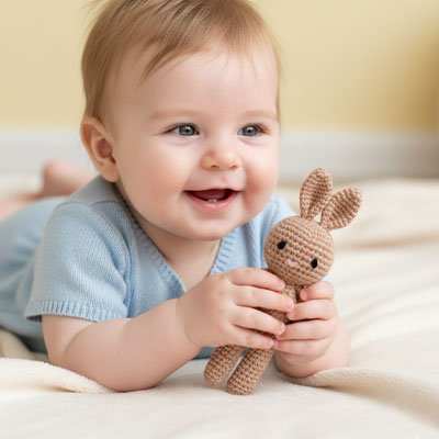 Doudou lapin dans les main de bébé