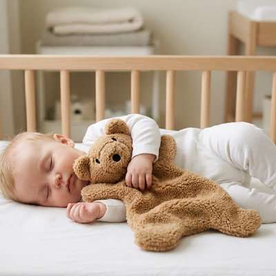 Doudou marron dans les bras de bébé 